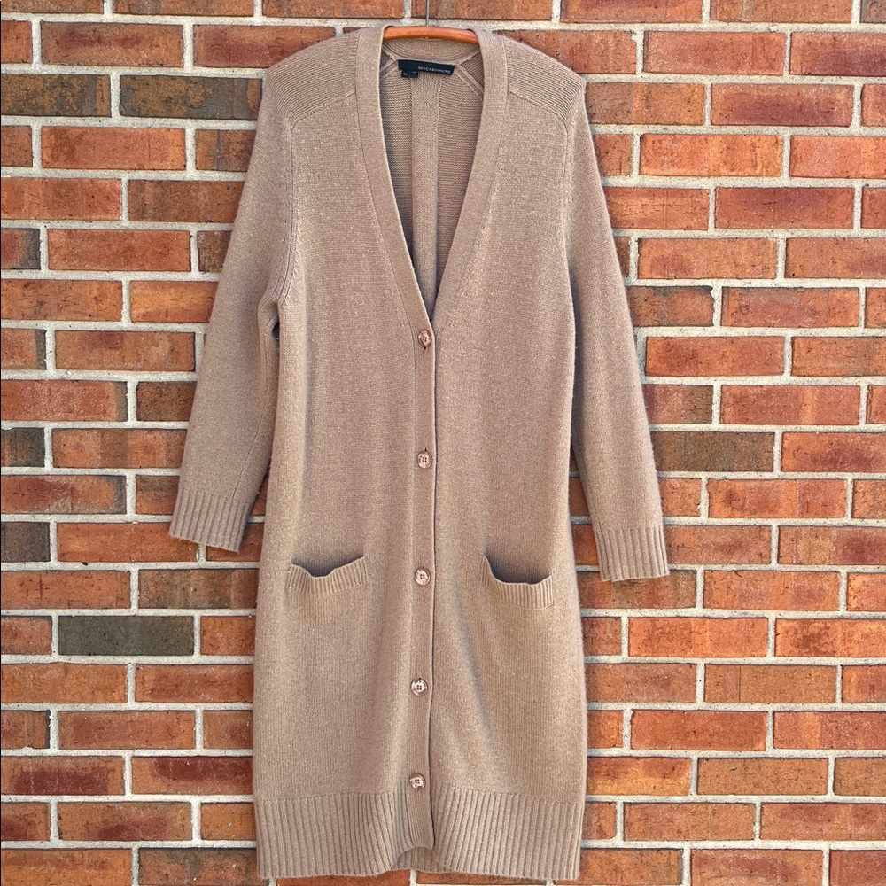 360 Cashmere Gabriella Duster Long Buttoned Cardigan Sweater w/ Pockets M Latte